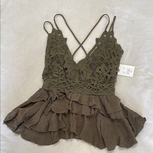 Olive Lace Peplum Top with Ruffle Hem